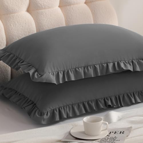 Ruffled Queen Pillow Shams, 2 Pack, 20x30 Inches, Dark Grey by Aerlomi