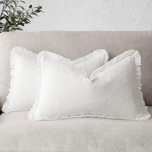 Foindtower Decorative Linen Fringe Lumbar Throw Pillow Covers 12×24 White by Foindtower