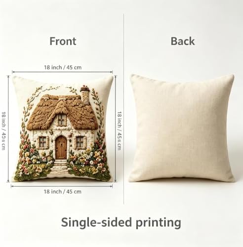 2D Flat Thatched Roof Cottage Linen Throw Pillow Covers 18x18 Set of 2 - Image 2