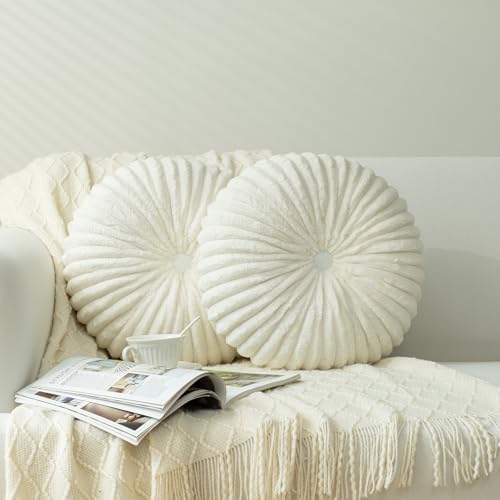 HIG Set of 2 Off White Flannel Decorative Round Pleated Throw Pillows by HIG
