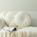 HIG Set of 2 Off White Flannel Decorative Round Pleated Throw Pillows by HIG