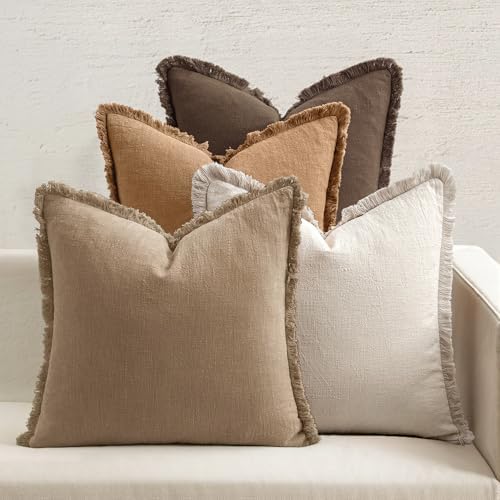 MIULEE Fall Linen Fringe Pillow Covers Set of 4 18x18 Neutral Brown by MIULEE