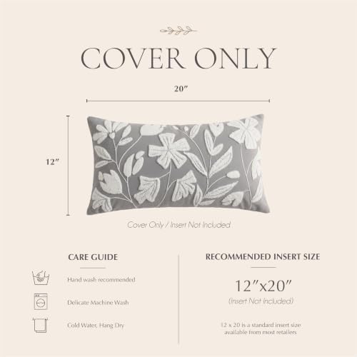BlissBlush Lumbar Pillow Cover 12x20 Inch, Light Gray Floral Tufted Velvet - Image 6