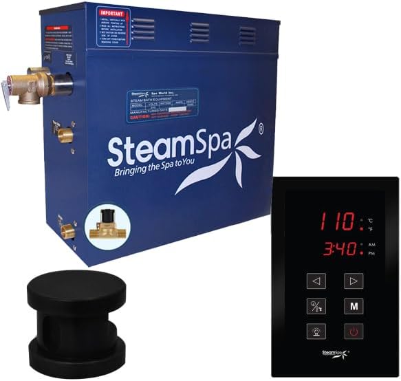 STEAMSPA 12kW Steam Sauna Generator Sentry Series 240V Steam Generator with Touch Screen, Steamhead, Built-in Steam Shower Auto Drain, ACU Quickstart Steam Bath Generator (Black)