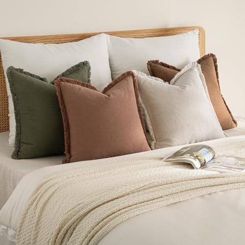 MIULEE Fall Linen Fringe Pillow Covers Set of 4 22x22 Beige/Brown/Green - Image 5