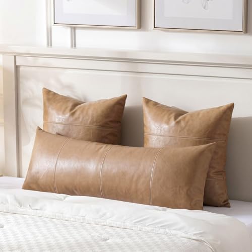Fancy Homi Light Brown Boho Long Lumbar Faux Leather Decorative Throw Pillow - Image 3