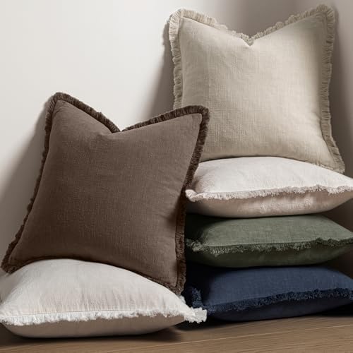 MIULEE Boho Linen Fringe Decorative Fall Pillow Covers Reddish Brown 18x18 - Image 5