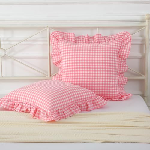 Mywinlle 2 Pack Vintage Light Pink Plaid Ruffle Throw Pillow Covers, Washed by Mywinlle