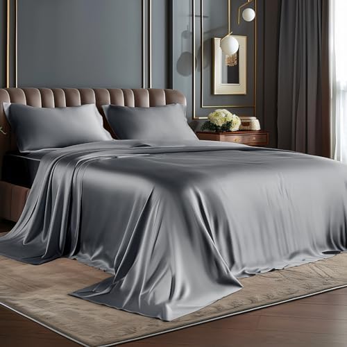 BEDELITE Satin Sheets Full XL Size Bed Set, Dark Grey, 4 Pieces by BEDELITE