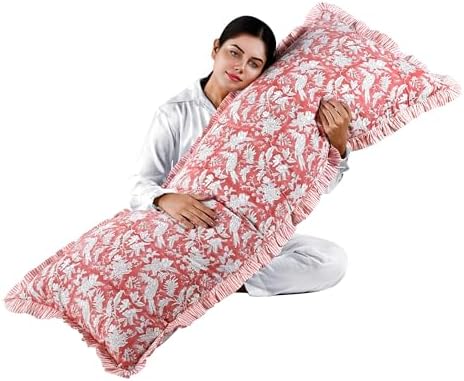CPC Block Print Pink Coral Ruffle Cotton Lumbar Pillow Cover 20x54 inch by COTTONPRINTCLUB