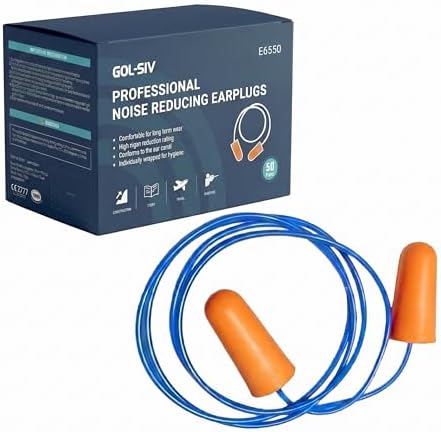 Corded Foam Ear Plugs NRR 33dB Maximum Noise Reduction, Individually Wrapped by GOL-SIV