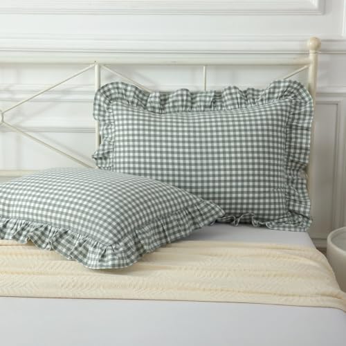 Mywinlle Dusty Green Gingham Ruffle Pillow Shams King Size Set of 2 by Mywinlle