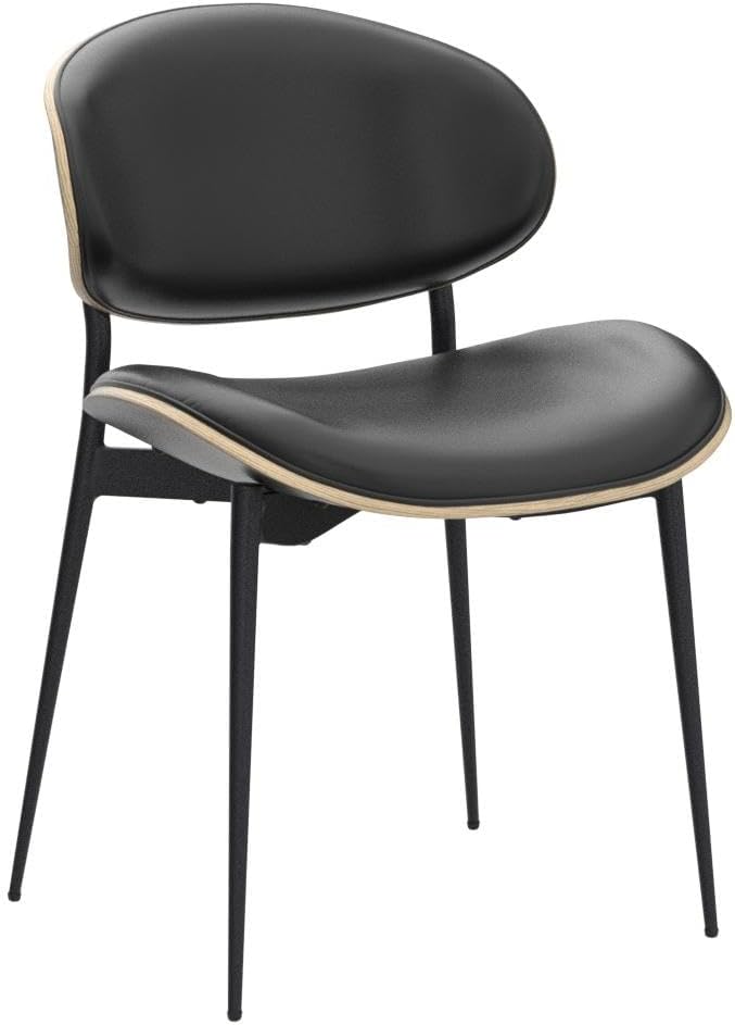 Art Leon Genuine Leather Dining Chairs Set of 2, Mid Century Modern Chair, Upholstered Kitchen Dining Room Chairs, Armless Accent Chair with Black Walnut Bendwood, Black