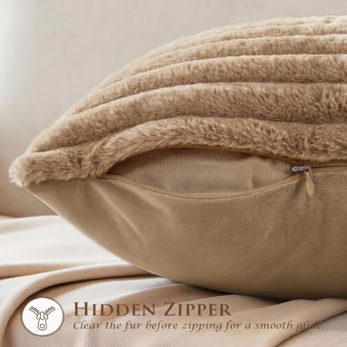 Set of 2 Decorative Throw Pillow Covers 20x20, Faux Fur Khaki - Image 3