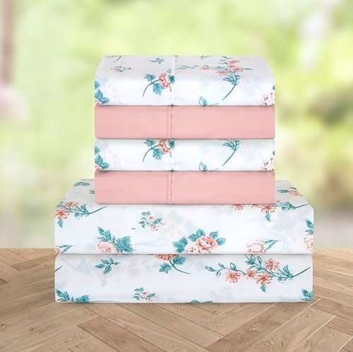 Elegant Comfort 6-Piece Sheet Set Deep Pocket Floral, Twin XL, Celia Pink - Image 2