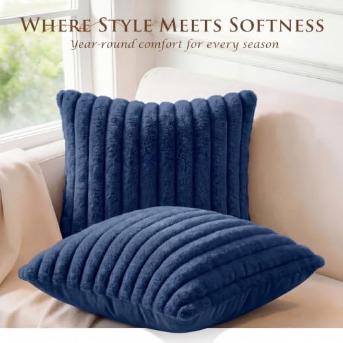 Set of 2 Decorative Throw Pillow Covers 20x20 Faux Fur Navy Blue - Image 4