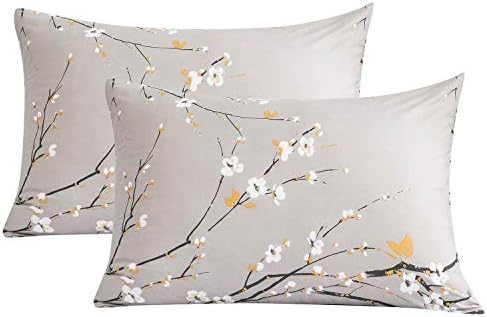 NANKO Floral Pillow Case Set, Tan Gray Plum Blossom Flower Pattern Printed by NANKO