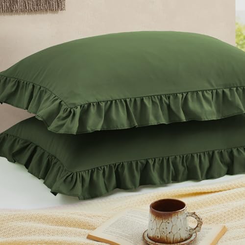 Ruffled Pillow Cases, Olive Green, King 20"x36" by Cobedzy