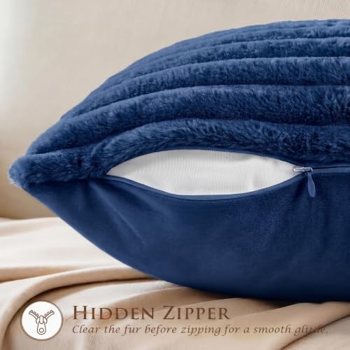 Set of 2 Decorative Throw Pillow Covers 20x20 Faux Fur Navy Blue - Image 3
