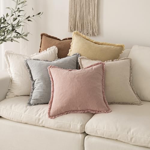 MIULEE Boho Linen Fringe Decorative Throw Pillow Covers Pink 18x18 - Image 6