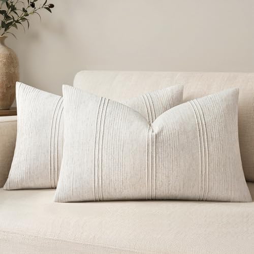 MIULEE Lumbar Striped Throw Pillow Covers 12x20 Natural Beige 2 Pack by MIULEE