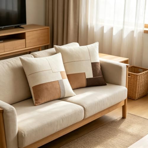Neutral Geometric Color Block Throw Pillow Covers 18x18 Inch Set of 2 - Image 2