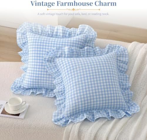 Gingham Throw Pillow Covers 18x18, Sky Blue, Ruffle Trim - Image 2