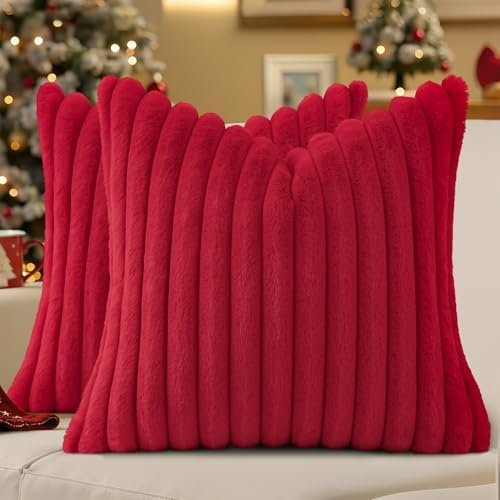 decorUhome Fall Faux Fur Throw Pillow Covers 22x22 Set of 2 Red by decorUhome