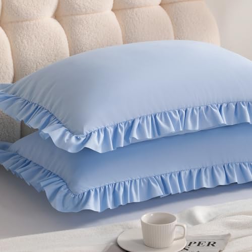 Ruffled King Pillow Shams, 2 Pack, 20x36 Inches, Sky Blue by Aerlomi