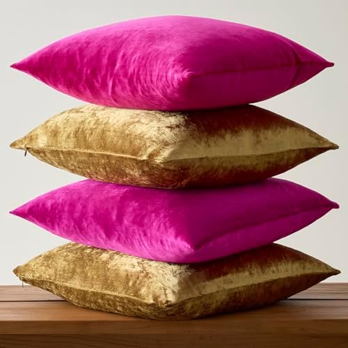 GIGIZAZA Pack of 4 Decorative Velvet Pillow Covers 16x16 Hot Pink Gold - Image 4