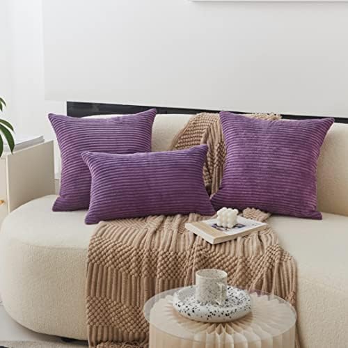 Home Brilliant Purple Pillow Covers Set of 2 Striped Velvet Corduroy Decorative - Image 3