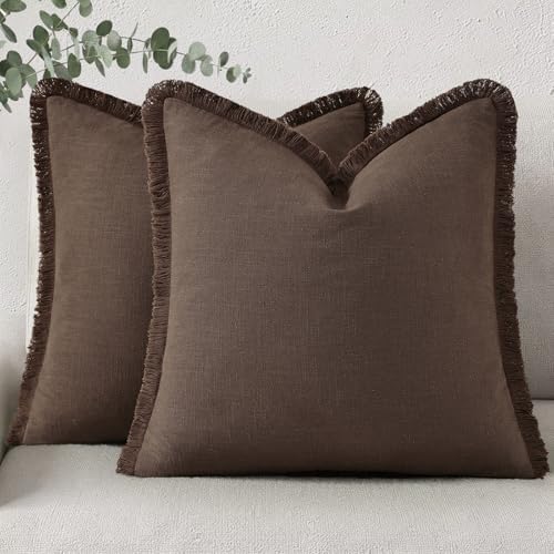 decorUhome Linen Fringe Chocolate Throw Pillow Covers 18x18 Set of 2 by decorUhome