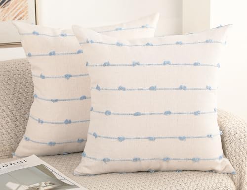 NUYECY Set of 2 Boho Throw Pillow Covers 24x24, Light Blue and White Neutral by NUYECY