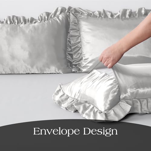 2 Pack Ruffle Satin Pillowcases King Size 20"x36" Silvergrey - Image 6