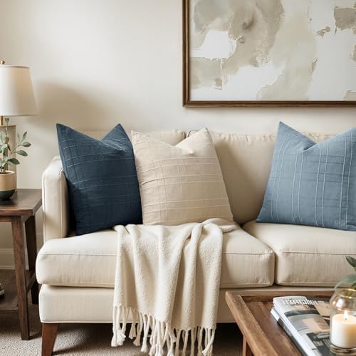 MIULEE Linen Plaid Pillow Covers Coastal Decorative 18x18 Dark Blue - Image 3