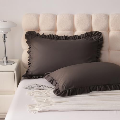 Ruffled King Pillow Shams, 2 Pack, 20x36 Inches, Dark Brown - Image 2