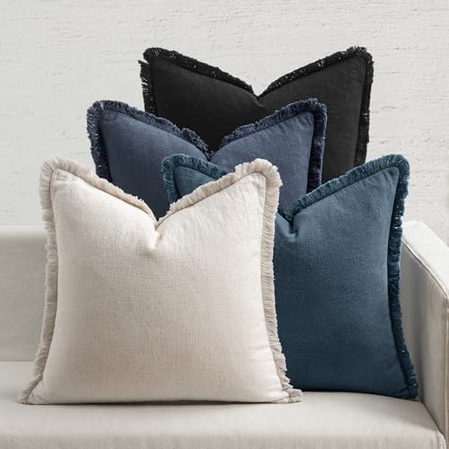 MIULEE Fall Linen Fringe Pillow Covers Set of 4 18x18 Beige/Coastal Blue by MIULEE
