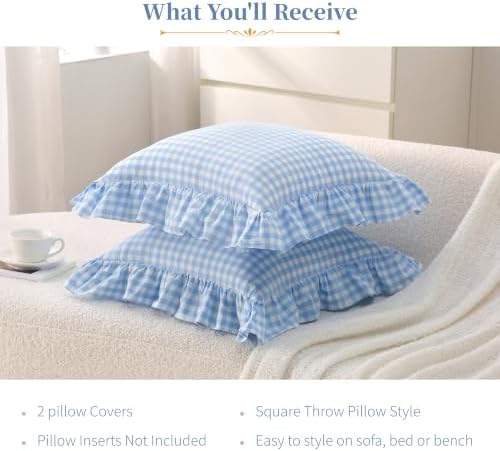 Gingham Throw Pillow Covers 18x18, Sky Blue, Ruffle Trim - Image 7