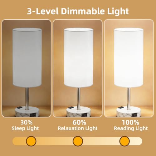 Table Lamp, Dimmable Touch, AC Outlet, USB A+C (White&Marble) - Image 3