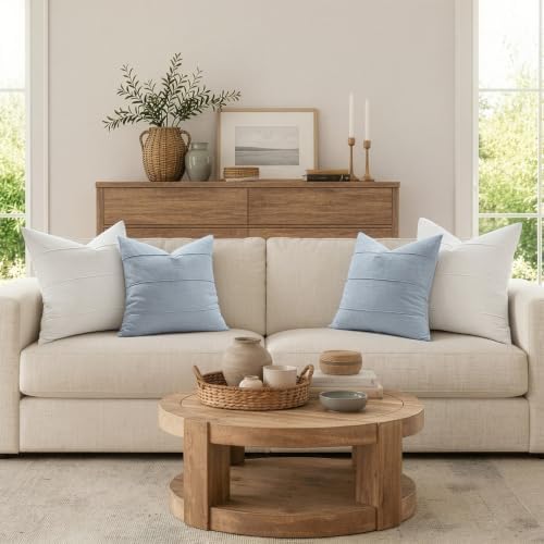 MIULEE Decorative Linen Throw Pillow Covers 20x20 Light Blue Striped - Image 3