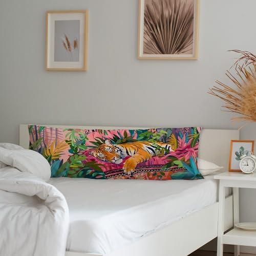 Maximalist Tiger Body Pillow Covers 20x54, Preppy Room Decor, Tropical Trendy - Image 3