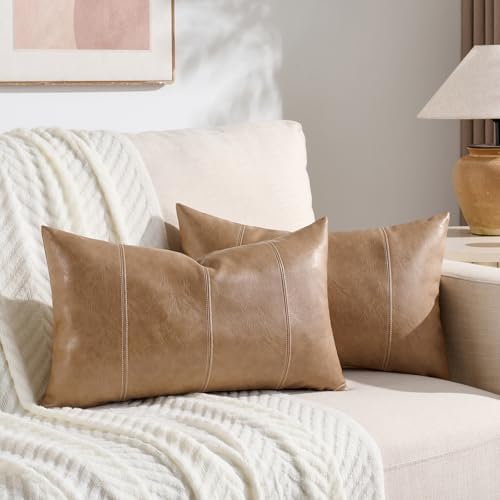 Fancy Homi Light Brown Boho Long Lumbar Faux Leather Decorative Throw Pillow - Image 2