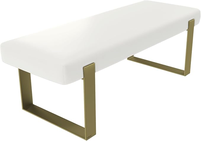 VANT Upholstered Bed Bench - Vintage Leather White Dove - Burnished Brass - Contemporary Modern, Bedroom Bench Seat, Hallway, or Entryway