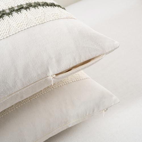 Fancy Homi Set of 2 Boho Olive Green Decorative Throw Pillow Cover 16x16 Inch - Image 3