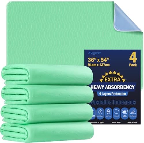 Fygrip 4 Pack 36” x 54” Extra Heavy Absorbency Washable Underpads Bed Pads by Fygrip