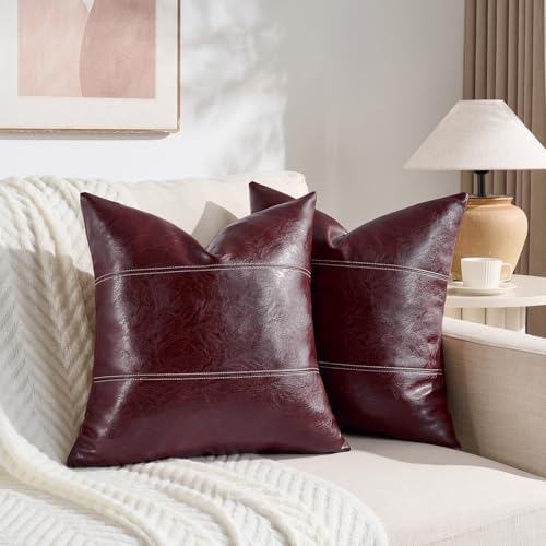 Fancy Homi Burgundy Faux Leather Decorative Throw Pillow Covers 18x18 Inch - Image 2