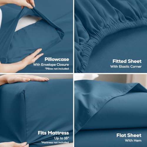 Full Sheets Set, 4 Pieces 16" Deep Pocket Hotel Luxury Bedsheets, Dusk Blue - Image 3