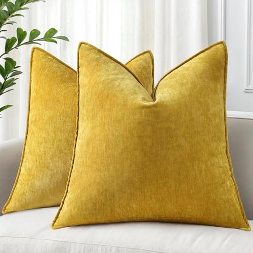 decorUhome Chenille Mineral Yellow Throw Pillow Covers 18x18 Set of 2 by decorUhome