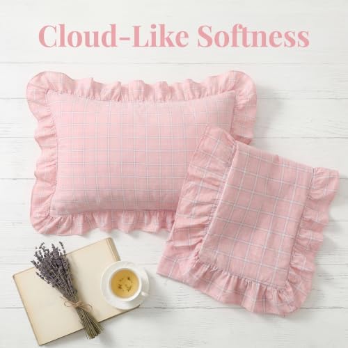 Mywinlle 2 Pack Blush Pink Plaid Ruffle Standard Size Pillow Shams -20"x26" - Image 2