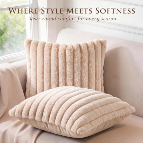 Set of 2 Decorative Throw Pillow Covers 18x18, Faux Fur Apricot - Image 4